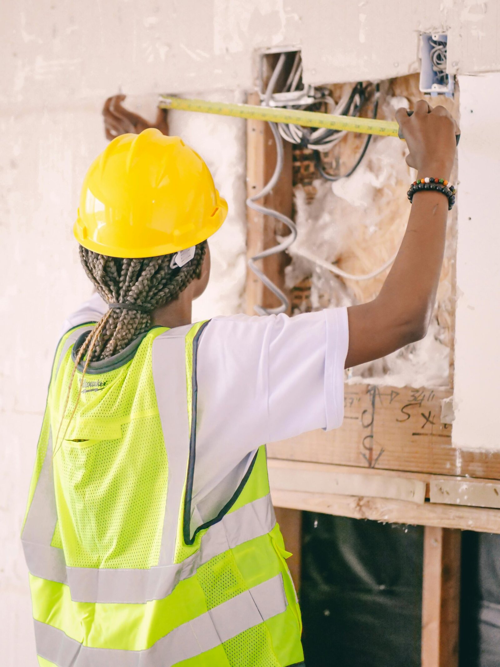 Back view of a construction worker measuring wall space wearing safety gear.